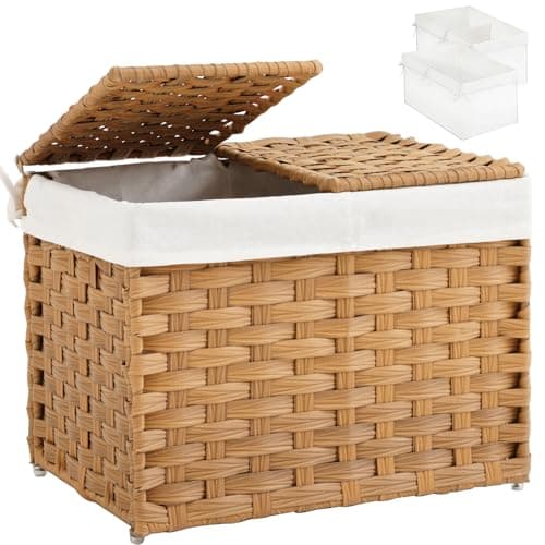 SETVSON Storage Basket with Lid Woven Wicker Baskets with 2 Separate Lid 92 Gallon 35 L Wicker Storage Bins with Handles Foldable and 2 Removable Liner Bags for Bedroom Laundry Room Natural