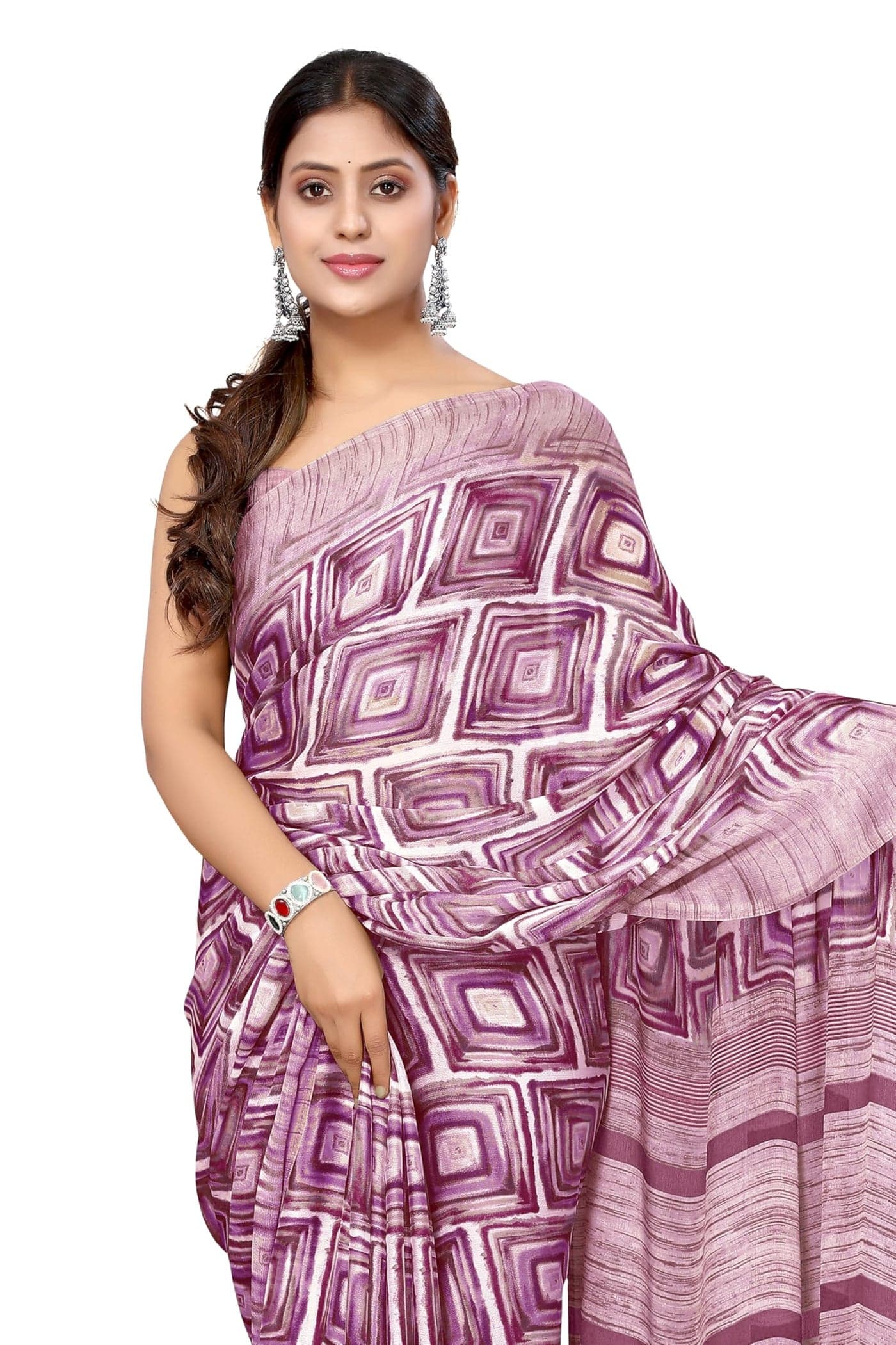 MIRCHI FASHION Women's Chiffon Geometric Printed Saree with Blouse Piece (50468 - Light Pink, Pink)