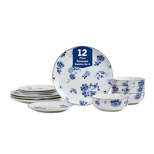 Stone Lain Viola 12-Piece Dinnerware Set Porcelain, Plates and Bowls Set, Dish Set for 4, Microwave and dishwasher Safe, Blue