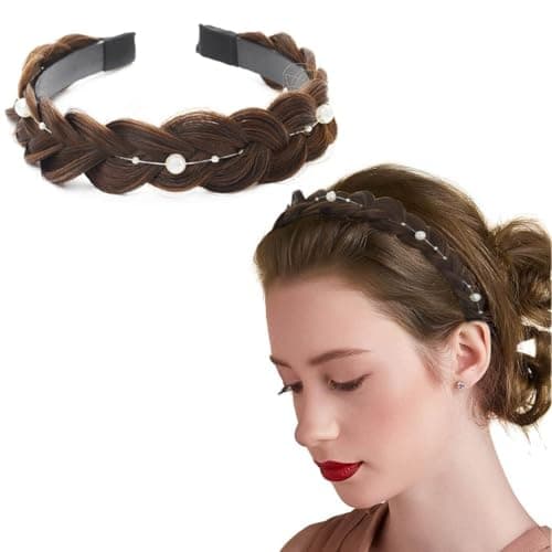 APSAMBR 1pcs Synthetic Hair Braided Headband Pearls Wide Plaited Braids Hair Band Stretchy Hairpiece for Women and Girls