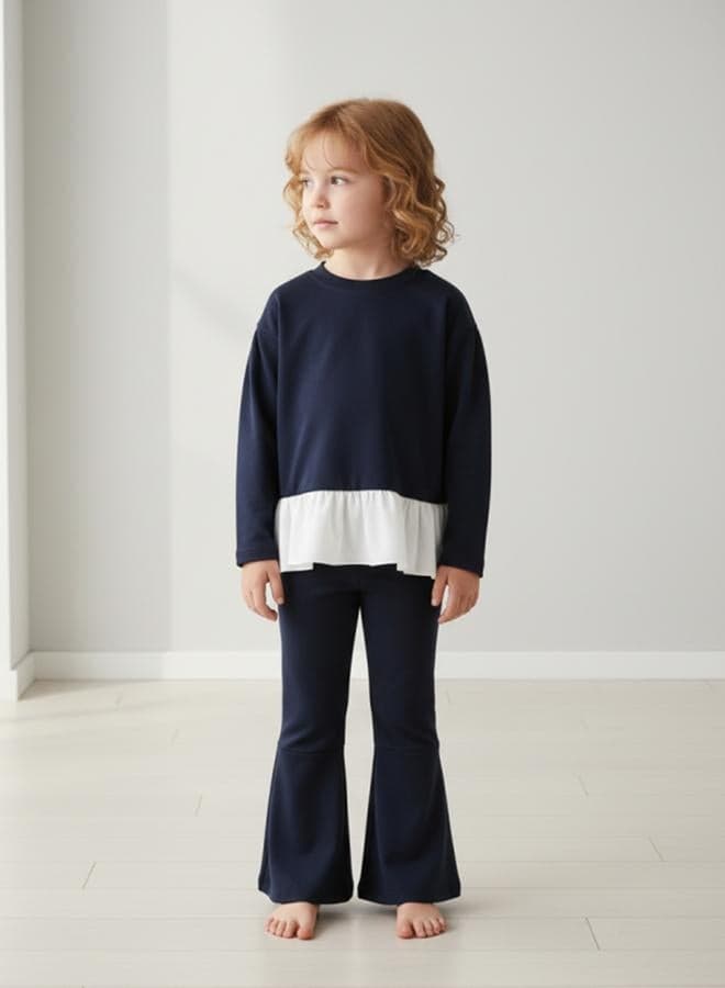 Girls Solid Ruffle Hem Sweatshirt With Flare Pants Set