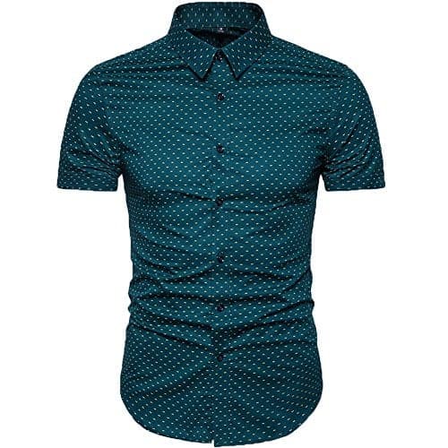 MUSE FATH Men's Printed Dress Shirt-Cotton Casual Short Sleeve Shirt,Button-Down Point Collar Shirt-Green-2XL
