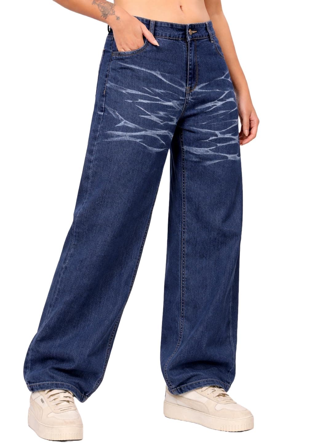 London Hills Women High Waist Baggy Fit Wide Leg Denim Jeans with Whisker Wash | Relaxed Streetwear Style Dark Blue
