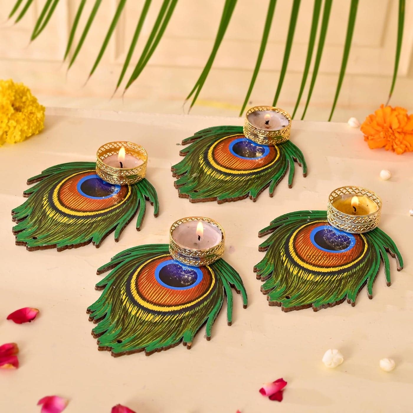 Ascension Decorative Peacock Tealight Candle Holder Stand Set of 4 Mor Pankh Design Reusable Diya for Diwali Decor Rangoli Decoration Items Home Decor Diyas Indoor Outdoor Office Gifting Big