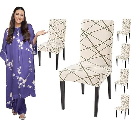HOKIPO Polyester Blend Dining Table Chair Cover 6 Seater Elastic Slipcovers Seat Protector (Ar-4097-D23*6, Beige)