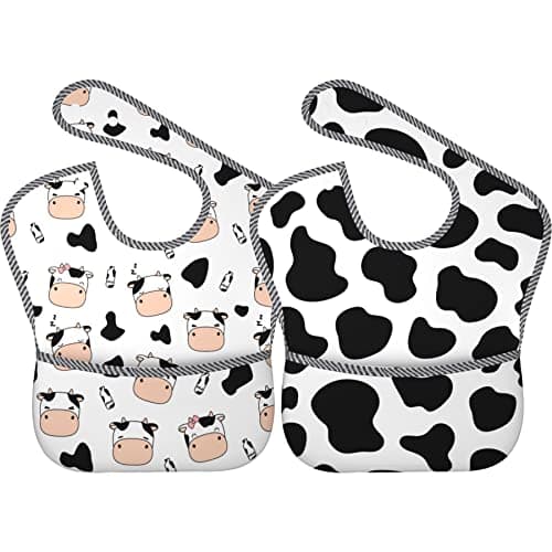 Qwalnely Cow Print Baby Stuff 2Packs Baby Bibs for 6-24 Months Waterproof Washable Fabric for Boys Girls Stuff, Newborn Toddler Bibs