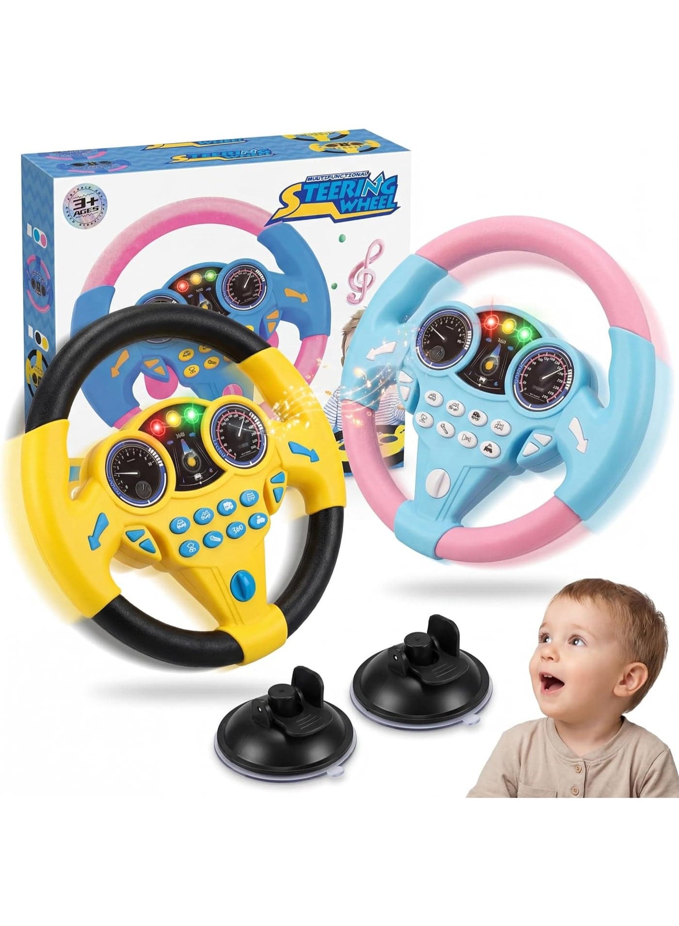 Kids Steering Wheel Toy 2 Pack with LED Lights & Sounds, Car Seat Toy for Toddlers, 360° Rotation, Suction Cup, Educational Driving Toy for Boys Girls Ages 3+ (Yellow & Pink)