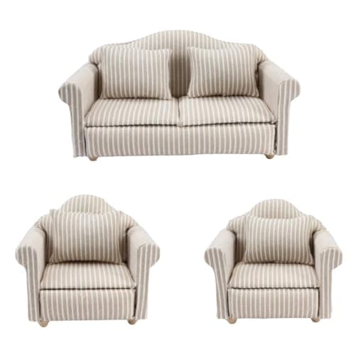 3PCS Dollhouse Couch 112 Scale Miniature Double Single Sofa with Pillow Upholstered Armchair Set Doll House Living Room Mini Furniture Accessories Timeless Classic for Bedroom Sectional Dcor