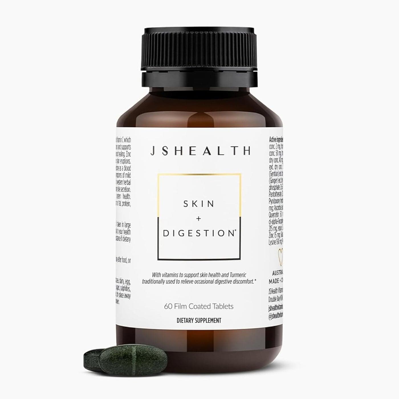 JSHealth Vitamins Skin and Digestion Formula Skin Supplement with Zinc Burdock Turmeric Clear Healthy Skin Acne Treatment for Teens and Adults 60 Tablets
