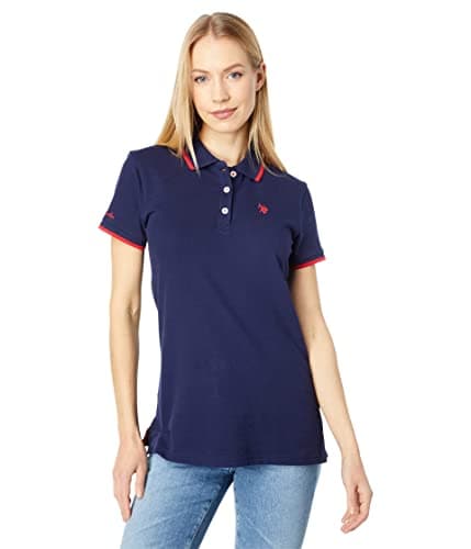 U.S. Polo Assn. Women's Classic Stretch Pique Polo Shirt - Ladies Cotton Short Sleeve Golf Shirt, Women's Polo Shirts for Work, School, Tennis & Semi-Formal Events - Evening Blue (Medium)