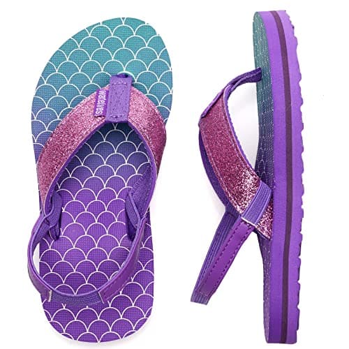 WateLves Girls & Boys Kid Flip Flop Summer Slide Sandals Slip on Suitable for Bath Shower Beach Pool (Little Kid/Big Kid) (Fish scale/purple, 32/33)