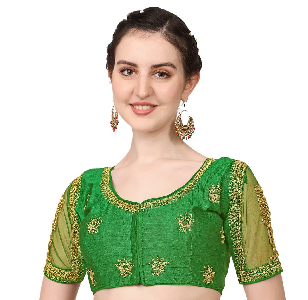 Pujia Mills Women's Multicolor Temple Embroidery Net Back Sequence Khatli Work Sleeves Design Phantom Silk Readymade Saree Blouse (Temple blouse_Green_38 Size+Margin)