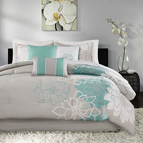 Madison Park Lola Sateen Cotton Comforter SetCasual Medallion Floral Design All Season Down Alternative Bedding Shams Bedskirt Decorative Pillows King GreyAqua 7 Piece