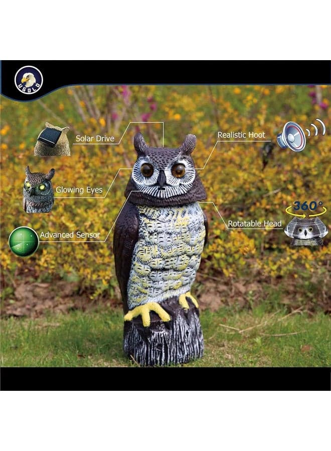 Ugold Solar Powered Owl with Motion Detection, Silent Mode, Flashing Eyes, Rotatable Head and Realistic Hoots, Plastic Owl Decoration for Home, Garden, Patio and Fence