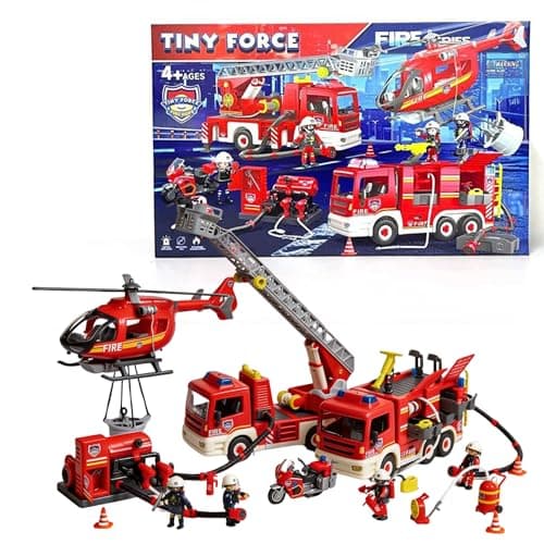Tiny Force Fire Rescue Set Fire Truck with Ladder Toy Helicopter Motorcycle Fire Water Pump Emergency Pretend Play Toys for Kids Toddlers