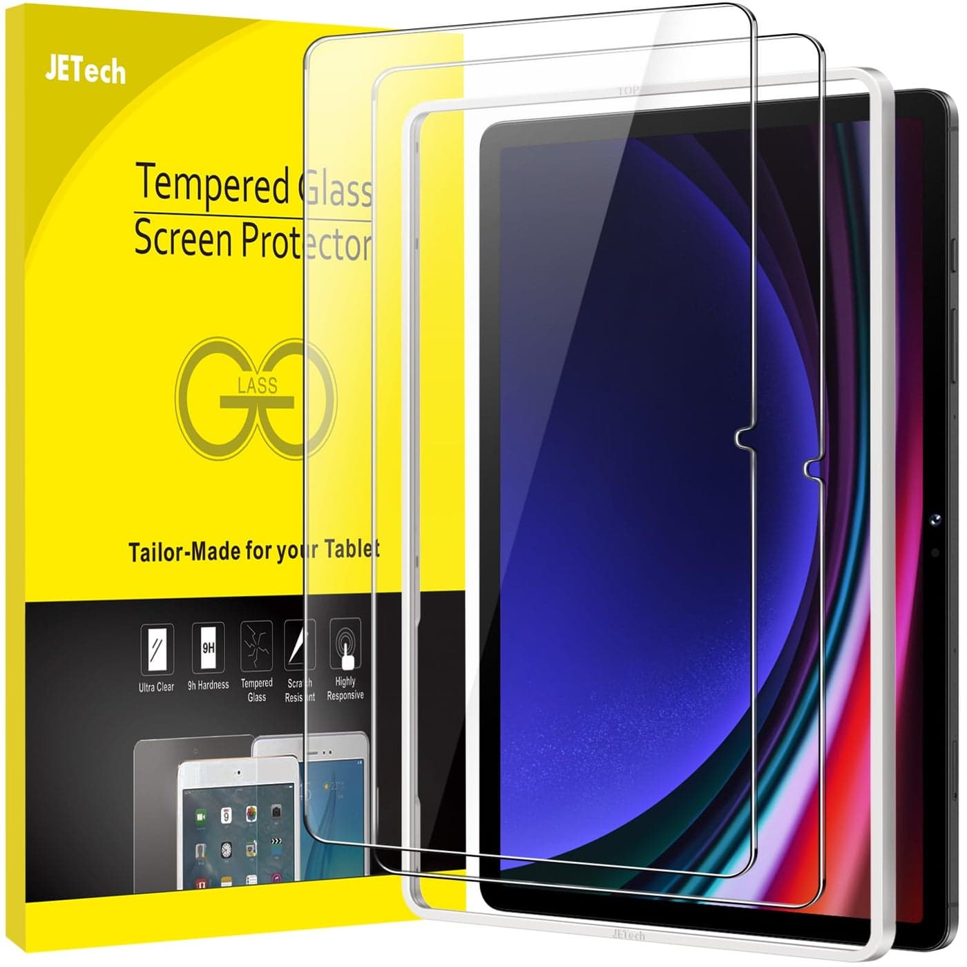 JETech Screen Protector for Samsung Galaxy Tab S9 11-Inch and Galaxy Tab S9 FE 10.9-Inch, with Easy Installation Frame, Tempered Glass Film, HD Clear, 2-Pack