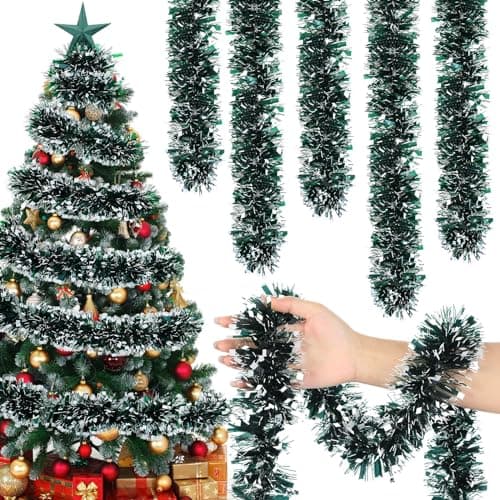 Poen 100 ft Christmas Tinsel Garland Christmas Tree Decorations Metallic Tinsel Thick Twist Garland Xmas Party Supplies for Indoor Outdoor Fireplace MantleDark Green Black
