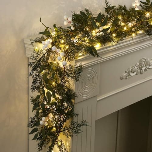 Juinte 2 Sets Christmas Garland 66ft Cedar White Berry with Lights Artificial Pine Garland Holiday Winter Table Runner for Stair Decoration Fireplace Centerpiece Background Decoration