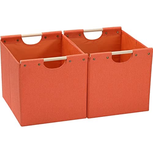 HOONEX Large Collapsible Storage Bins, Linen Fabric, Pack of 2, Storage Baskets with Wooden Carry Handles and Sturdy Heavy Cardboard, for Home, Office, Car, Nursery, Orange