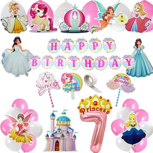 FI - FLICK IN 49 pcs 7th Birthday Decoration for Girls Car Castle Cutouts Metallic Balloons Princess Seventh Birthday Decorations Girl Number 7 Foil Balloon (Pack of 49, Pink)