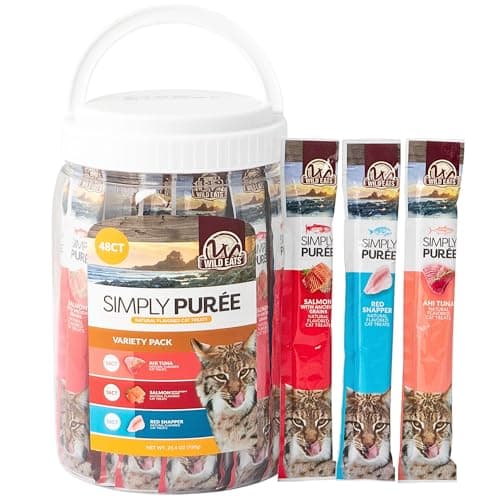 Wild Eats Simply Puree Variety Tub for Cats | 48 Individual Servings of All-Natural, High-Protein Puree Treats | Includes Multiple Flavors | Grain-Free, No Artificial Additives, Smooth Texture