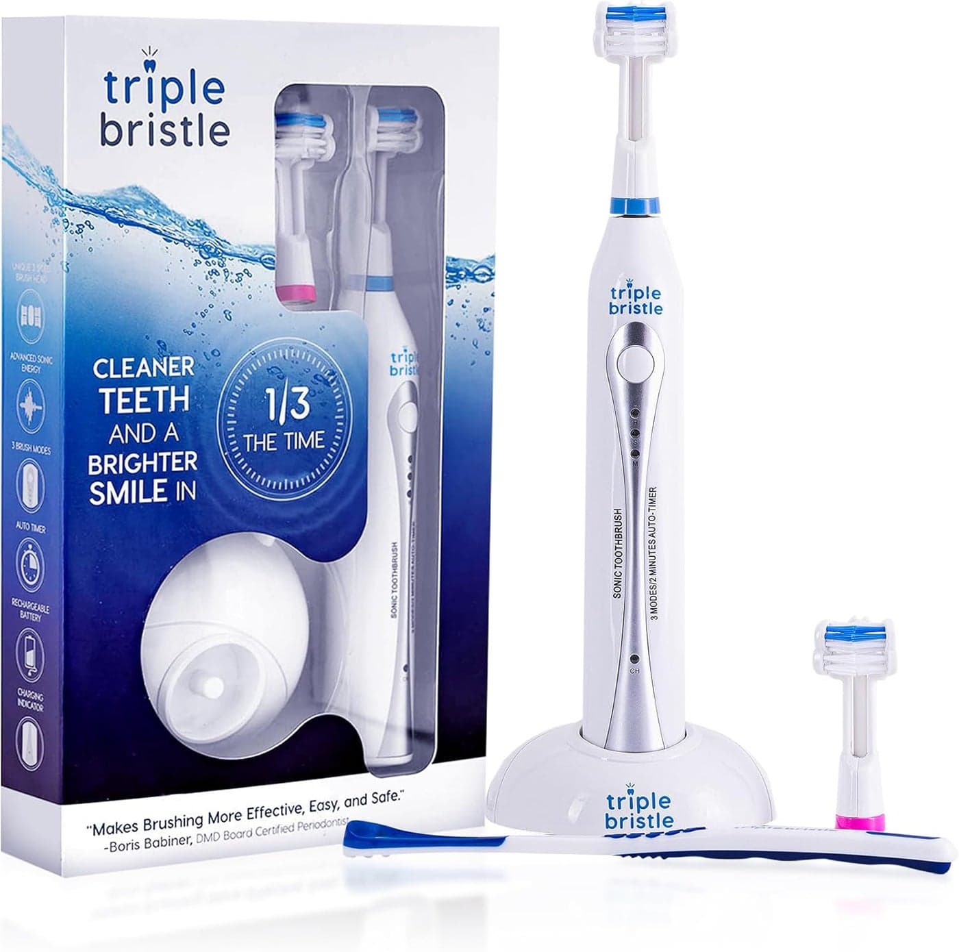 TRIPLE BRISTLE Sonic Rechargeable Toothbrush Unique Pefectly Angled Triple Headed Electric Toothbrush 31000 VPM Brushes at Perfect 45 Degree Angle