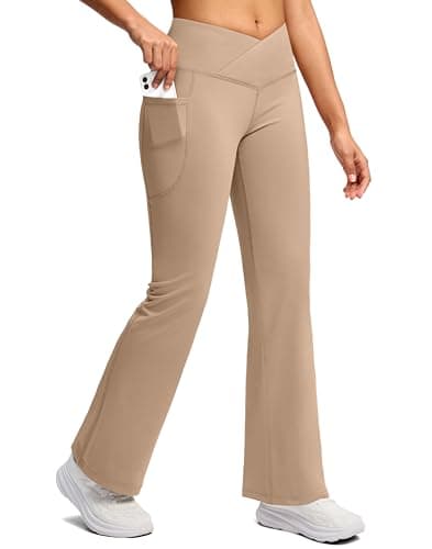 SANTINY Women's Fleece Lined Pants Crossover Yoga Pants High Waisted Bootcut Lounge Water Resistant Thermal Warm Flare Leggings for Women with Pockets 30 Inch(Khaki_M)