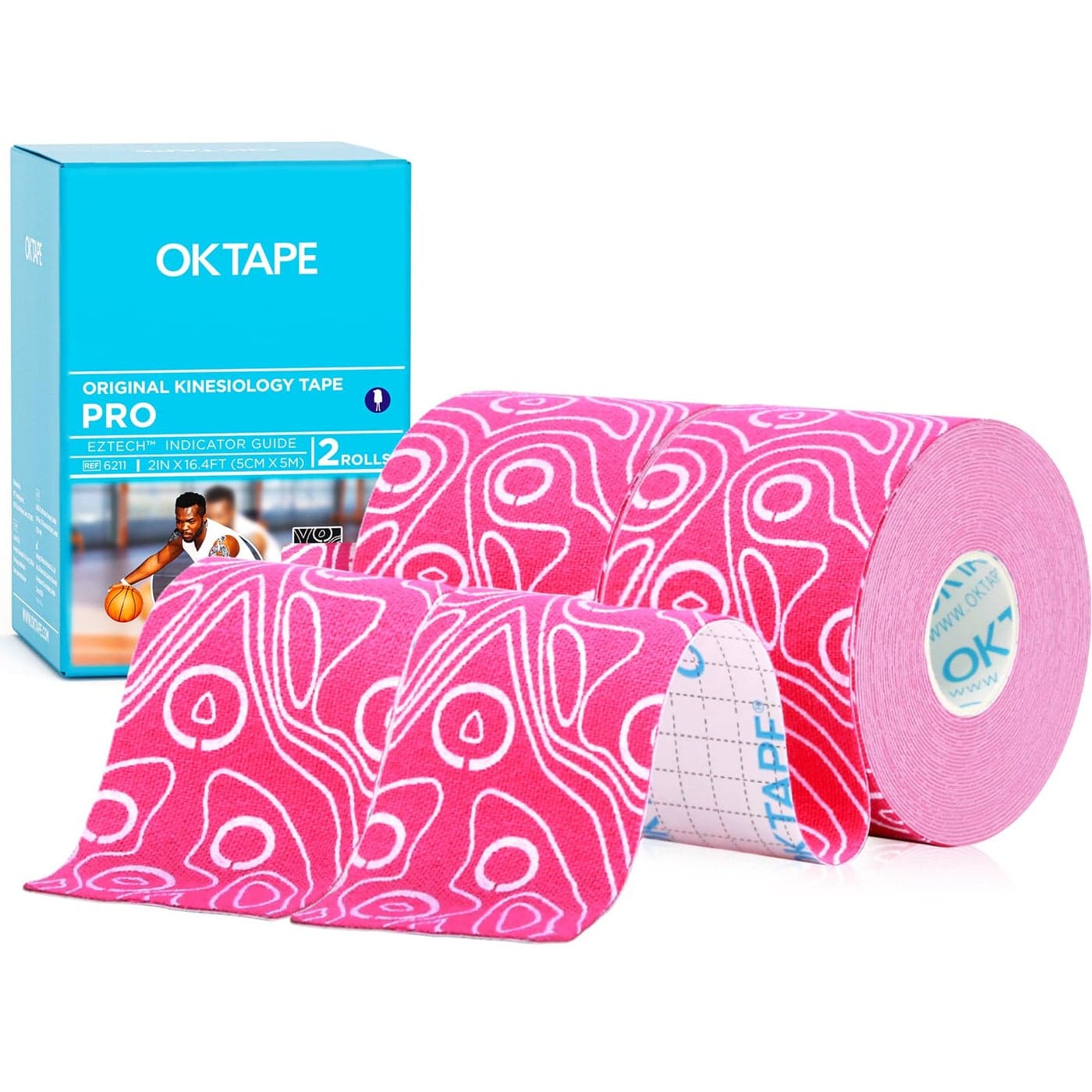 OK TAPE PRO Kinesiology Tape 2inch x Long Roll 16ft Free Cut Tape Elastic Athletic Tape Therapeutic Latex Free 2 Rolls PinkWhite