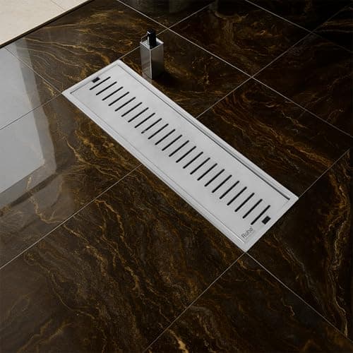 Ruhe® Vertical Shower Drain Channel |18 × 5 Inches Linear Floor Drainer | 304 Stainless Steel Shower Water Drain Channel/Waste Water Floor Drain with Cockroach Trap, Side Hole & Collar