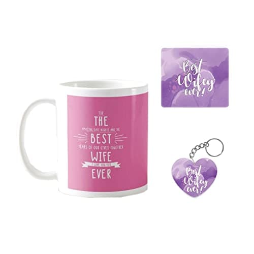 YaYa cafe Birthday Gifts for Wife Special, Best Wife Love You Forever Coffee Mugs for Wife Gift Combo Hamper Set of 3 with Mug, Coaster, Keychain