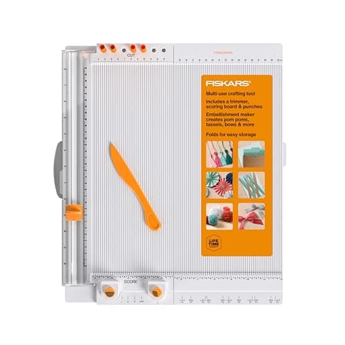 Fiskars 12" All-in-One PPC Tool, TripleTrack System, Scoring Surface, Pom Pom and Tassel Maker, Compact Folding Design for Crafting