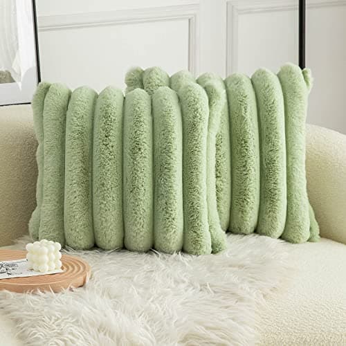 Neelvin Green Faux Fur Cozy Soft Striped Decorative Throw Pillow Covers 16x16 inch Set of 2,Velvet Pillowcase Cushion Case for Sofa Couch