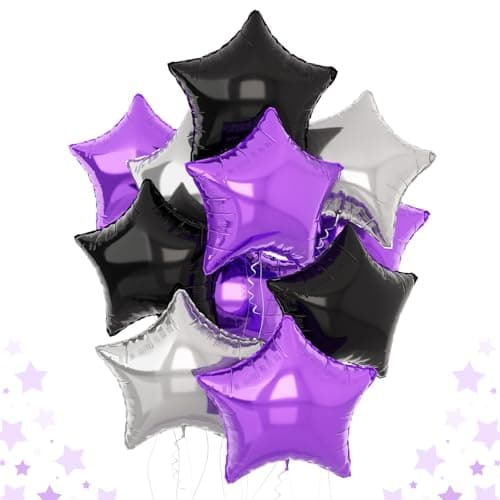 Purple Black Star Balloons 18Inch Lavender Purple Silver and Black Pentagram Foil Balloon 12Pcs Violet Stars Shape Foil Helium Balloon for Girls Women Birthday Graduation Halloween Cartoon Party Decor