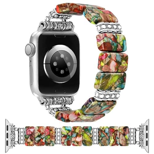 Newlibery Beaded Natural Stone Bracelet Band Women Compatible with Apple Watch 38/40/41/42mm(S10/11) Boho Elastic Western Vintage Imperial Stone Strap for iWatch Series 11/10/9/8/7/6/5/4/3/2/1/SE