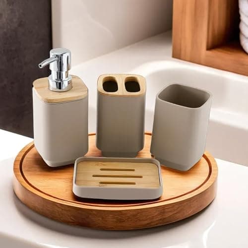 UMAI Bathroom Accessories Set of 4 Pcs | Soap Dispenser for Bathroom(7 * 7 * 17cm) | Toothbrush Holder | Soap Case for Bathroom | Mouth Wash Cup Bathroom Accessories Items