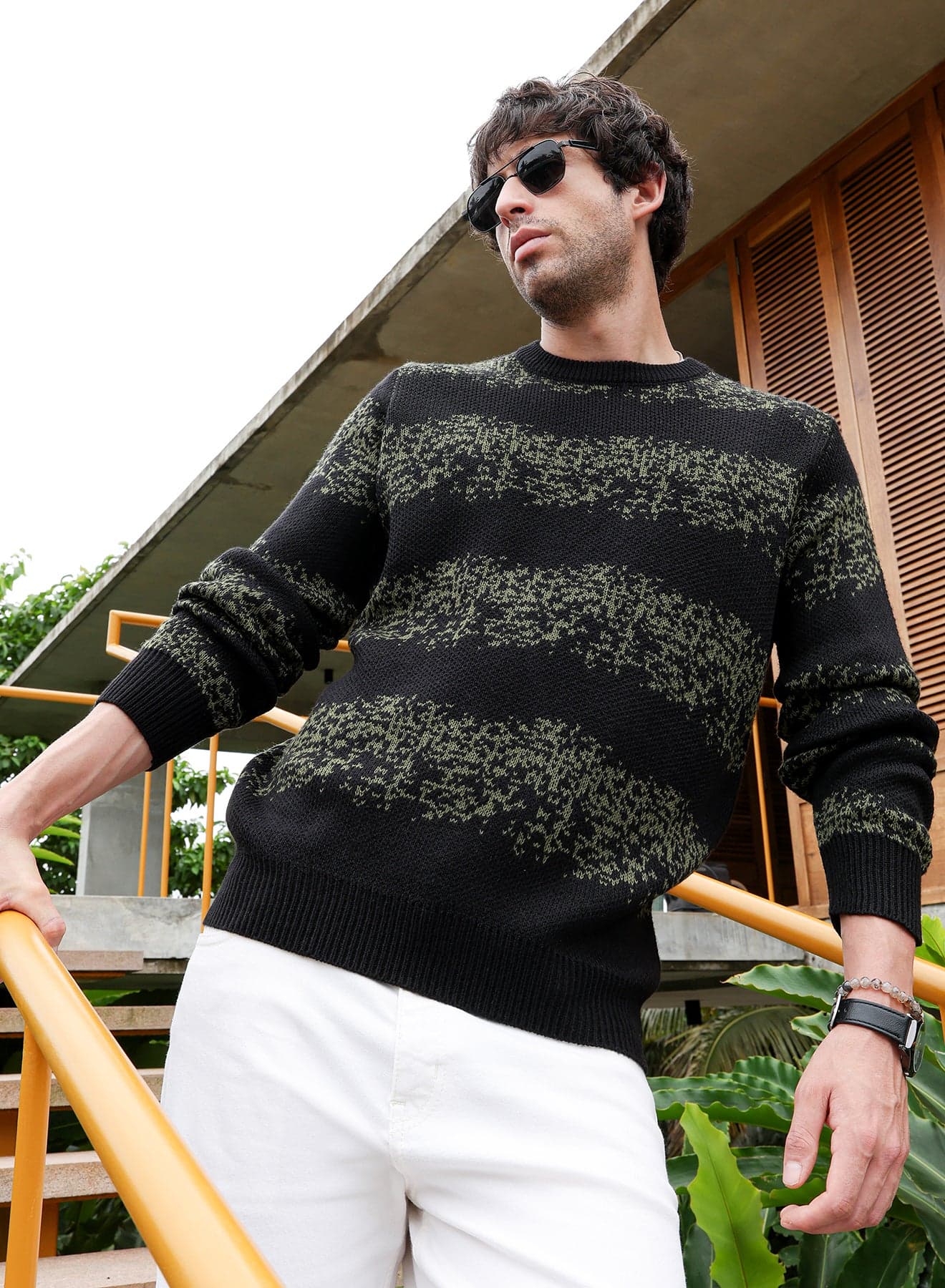 Men Ditsy-Panel Pullover Sweater | , | , Hem | Jacquard | Knitted Fabric For Wear | Olive Green