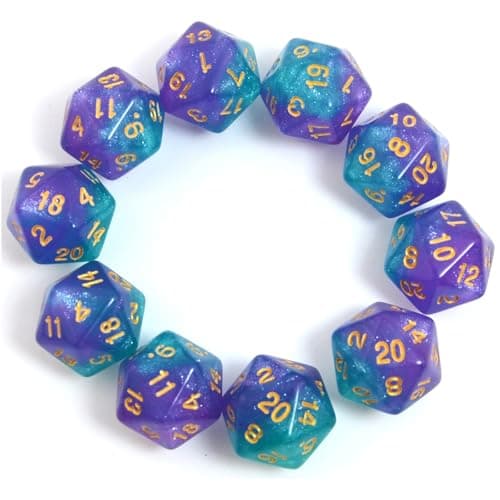 SmartDealsPro 10Pack 20 Sided Dice D20 Polyhedral Dice for DND RPG MTG Table Game Glitter GreenPurple