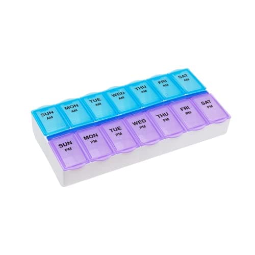EZY DOSE Weekly (7-Day) AM/PM Daily Pill Case, Medicine Planner, Vitamim, Fish Oil, Supplements Organizer Container, Large Compartments, 2 Times a Day, Blue and Purple Lids, BPA Free