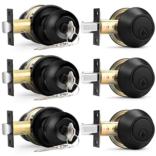 Probrico Keyed Alike Entry Door Knobs Lock Set and Single Cylinder Deadbolt Combination Set, Flat Black Exterior Front Door Locks,3 Pack