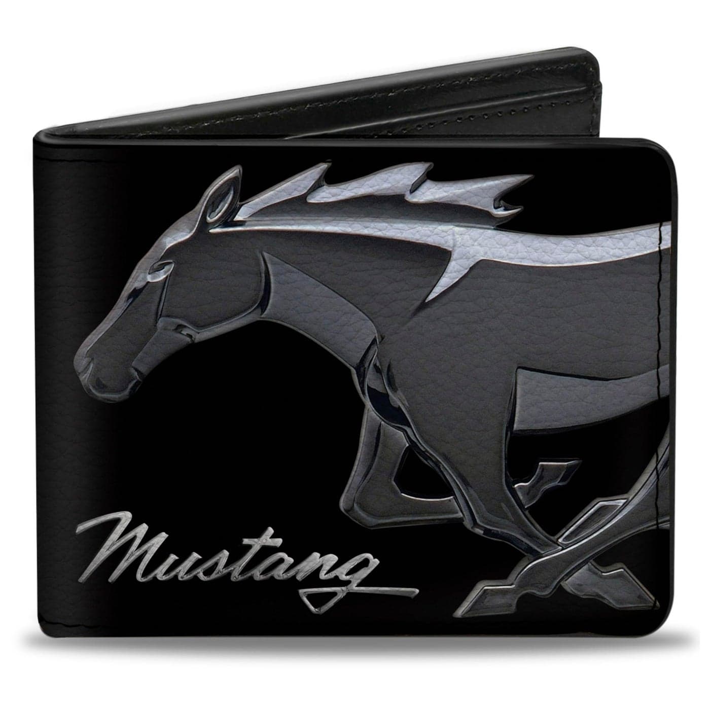 BuckleDown Mens PU Bifold Wallet Chrome PonyMustang Script BlackSilver Multicolor 40 x 35