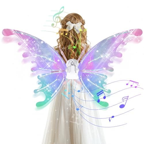 GOLDGE LED Electric Fairy Wings for Girls Moving Butterfly Wings with Lights Music Toy for Halloween Valentine Birthday Christmas Party Costume Princess Cosplay and DressUp Multicolored