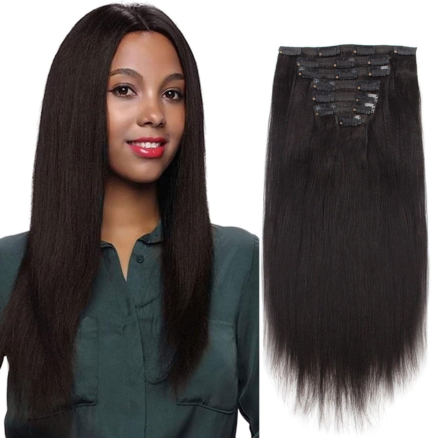 ABH AMAZINGBEAUTY HAIR 24 Inch Yaki Straight Clip in Hair Extensions for African American Relaxed Hair Yaki Clip in Hair Extensions Human Hair for Black Women 7 Pieces 120 Gram Per Set