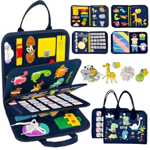 Qizfun Toddler Busy Board Montessori Toys Sensory Busy Book Educational Learning Travel Toy for Airplane Car Keeps Toddlers Entertained Birthday Gifts for Toddler Boys Girls BlueP8