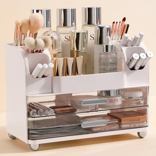 Anyoifax Makeup Organizer Countertop with Large Drawers Vanity Organizer with Brush Holder Skin Care Storage for Dresser Perfume Organizer for Lotion Lipsitck Palette White