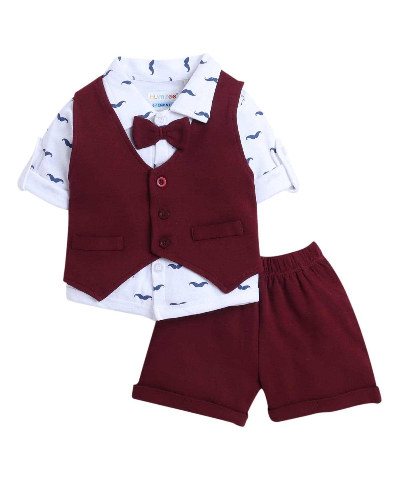 BUMZEE Maroon & White Boys Full Sleeves Shirt Waistcoat & Short Set with Applique Bow Age - 2-3 Years (Peb9293F-mrn.wht)