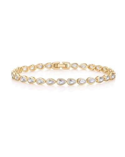 PAVOI 14K Yellow Gold Plated Simulated Diamonds Bezel Set Tennis Bracelets for Women - Cubic Zirconia Stones Pear Statement Bride Gold Bracelet Stack - Size 7"