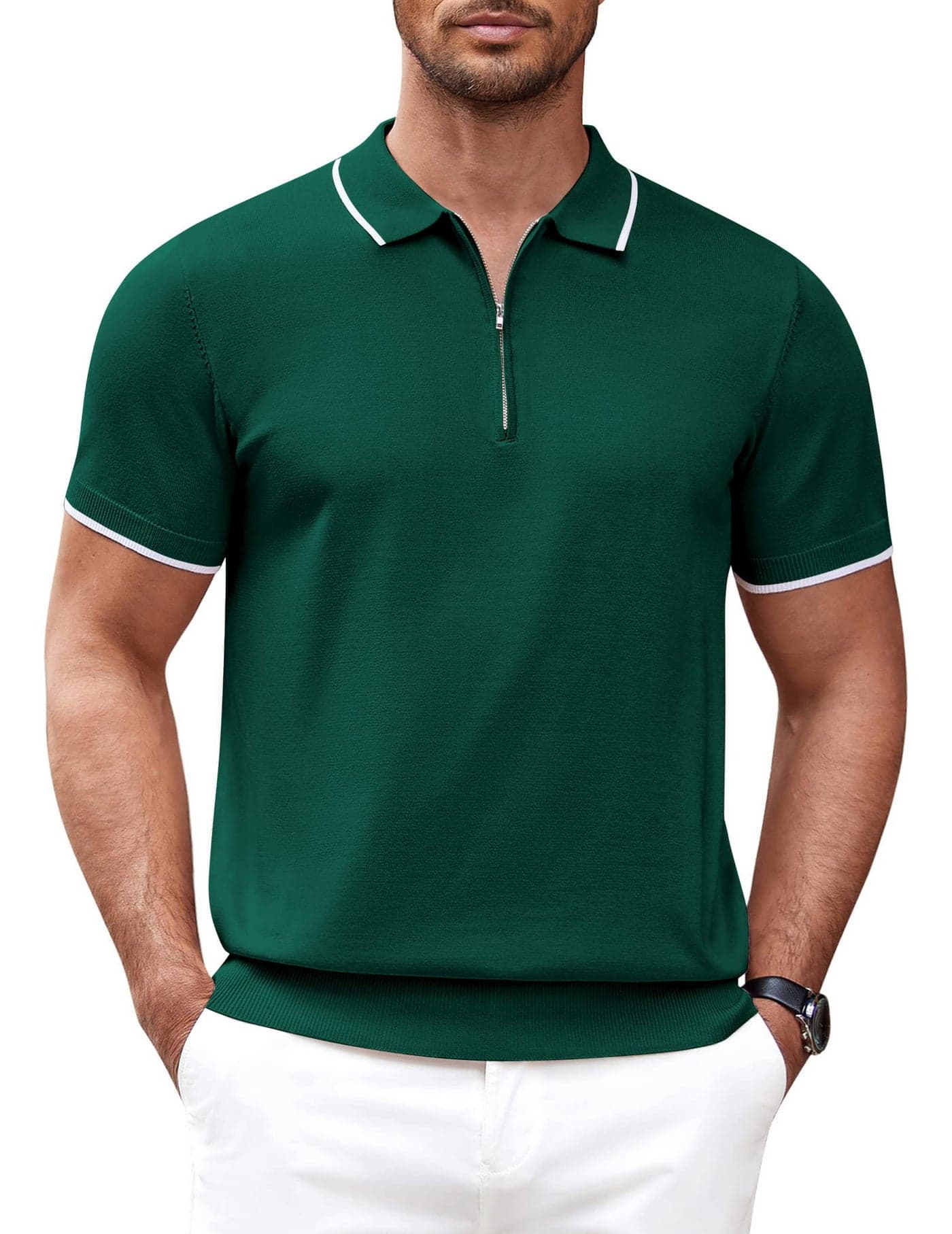 COOFANDY Mens Quarter Zip Polo T Shirt Vintage Striped Lightweight Knitting Golf Workout Classic fit, Green, Medium, Short Sleeve