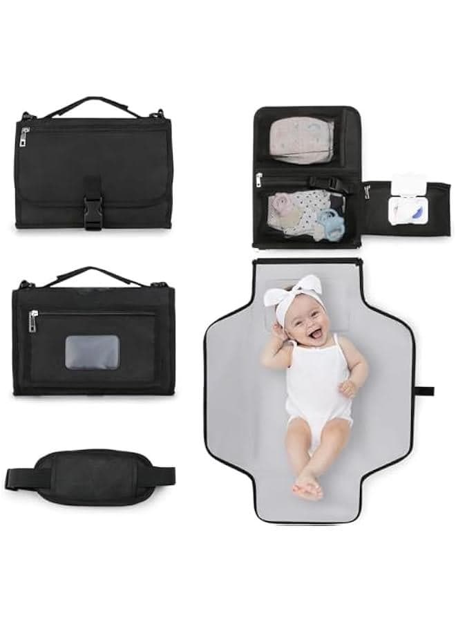 Portable Nappy Changing Mats with Wipes Pocket Travel Baby Changing Pads with Head Cushion for Infants Waterproof Diaper Changing Pads Newborn Essentials (Black)