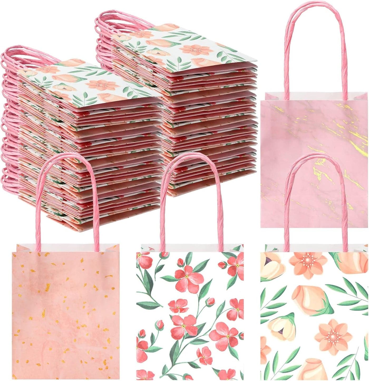 Teling 24 Pcs Mini Spring Floral Gift Bags with Handles Thank You Mothers Day Small Flower Bags Gift Party Favors Bulk for Women Teacher