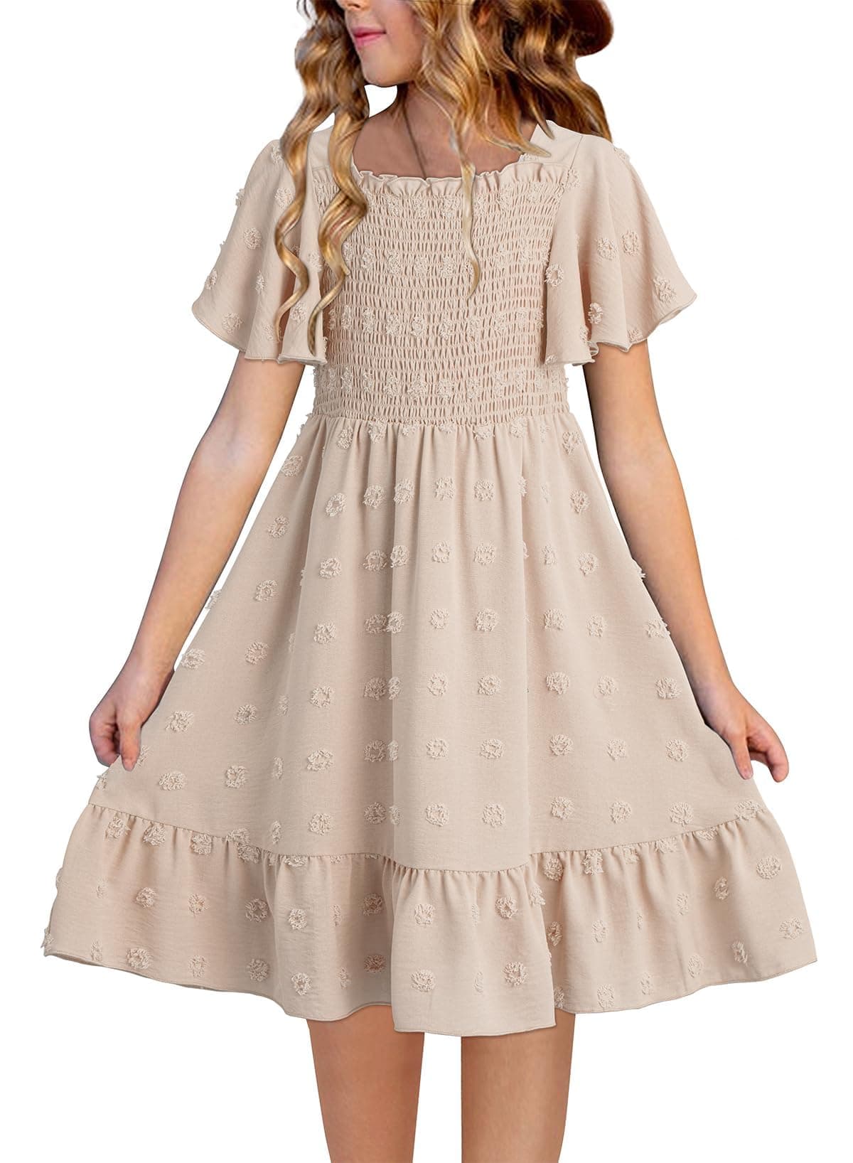 blibean Tween Girls Summer Dress Teen Girl Chiffon Flower Boho Dresses Big Kids Bell Short Sleeve Formal Clothes Tulle Swiss Dots Vestidos Niñas Size 14 15 16 Years Old Cream